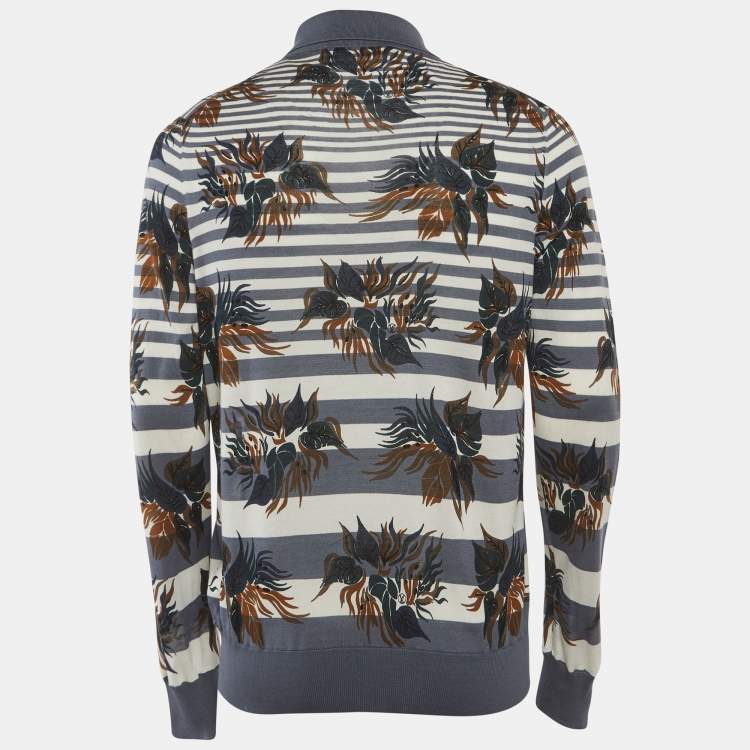Pre Owned Louis Vuitton Blue Striped Floral Cotton Polo T-Shirt L