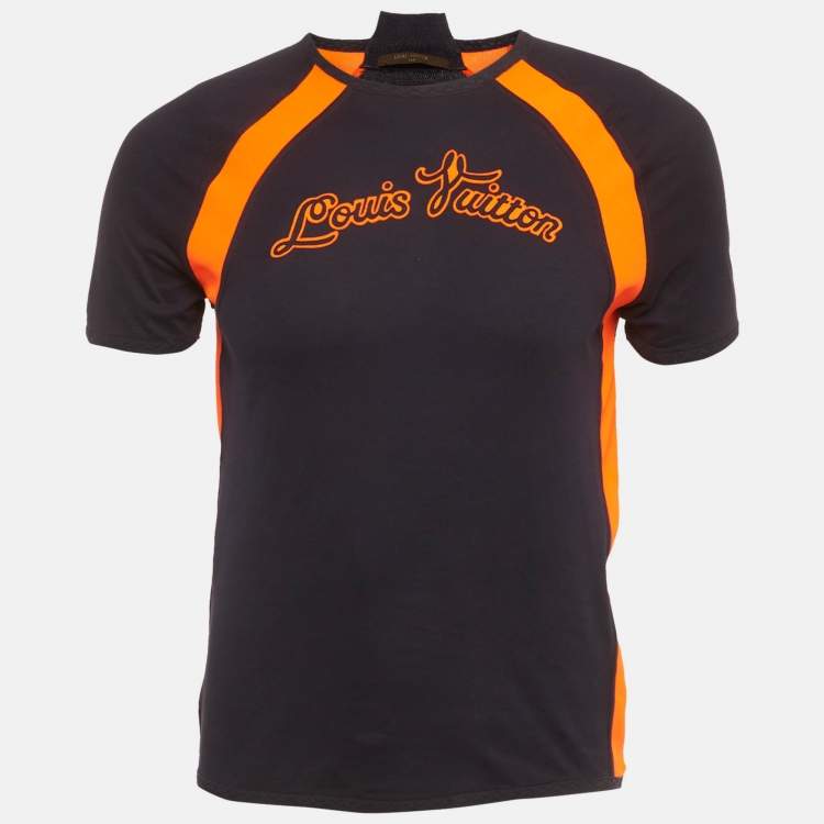 Pre Owned Louis Vuitton Navy Blu/Orange Logo Applique Jersey T-Shirt S