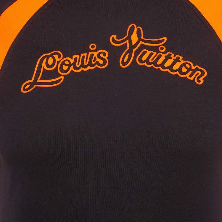 Pre Owned Louis Vuitton Navy Blu/Orange Logo Applique Jersey T-Shirt S