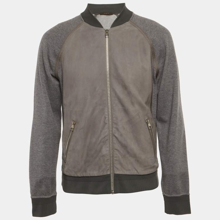 Pre Owned Louis Vuitton Grey Leather and Cotton Knit Blouson L