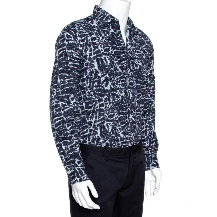 Pre Owned Louis Vuitton Navy Blue Printed Cotton Long Sleeve Shirt M
