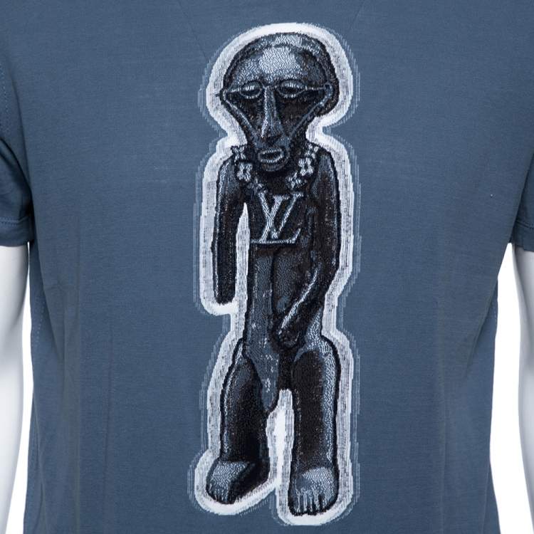 Pre Owned Louis Vuitton Stone Blue Cotton Zulu Statue Crew Neck T-Shirt M