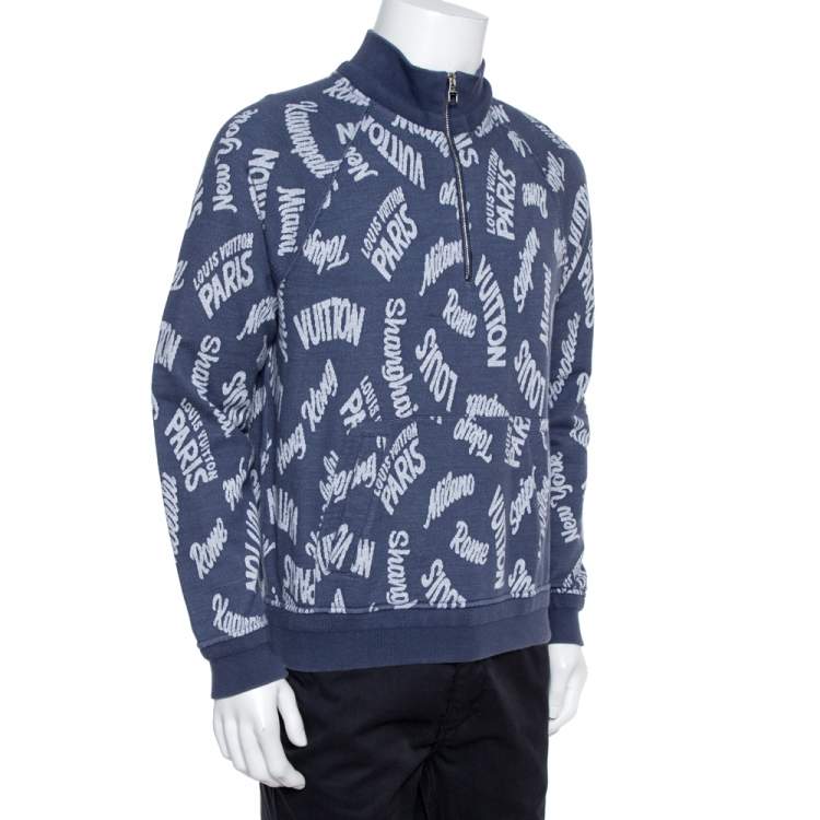 Louis Vuitton Blue Jacquard Cities Half Zip Sweater L Louis