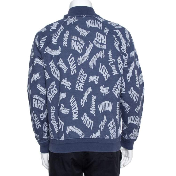 Pre Owned Louis Vuitton Blue Jacquard Cities Half Zip Sweater L