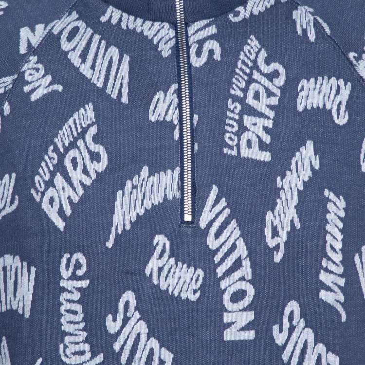 Pre Owned Louis Vuitton Blue Jacquard Cities Half Zip Sweater L