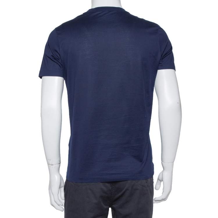 Pre Owned Louis Vuitton Navy Blue Cotton Applique Detail Crewneck T-Shirt S