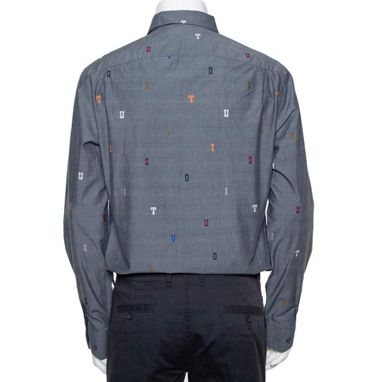 Pre Owned Louis Vuitton Grey Cotton Fil Coupé Detail DNA Collared Shirt M