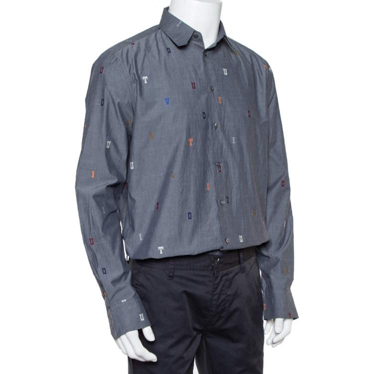 Pre Owned Louis Vuitton Grey Cotton Fil Coupé Detail DNA Collared Shirt M