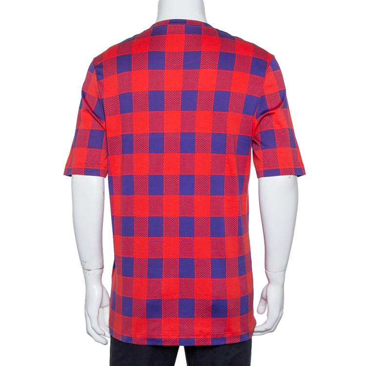 Pre Owned Louis Vuitton Red & Blue Masai Damier Printed Cotton Crewneck T-Shirt XXL