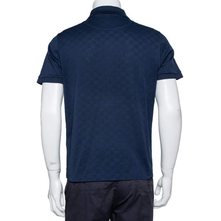 Pre Owned Louis Vuitton Navy Blue Cotton Pique Damier Pattern Polo T-Shirt L