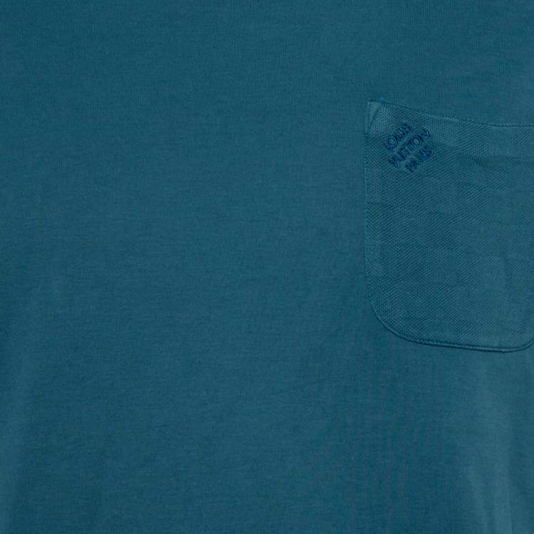 مملوكة مسبقًا Louis Vuitton Teal Blue Cotton Damier Pocket Crewneck T-Shirt L