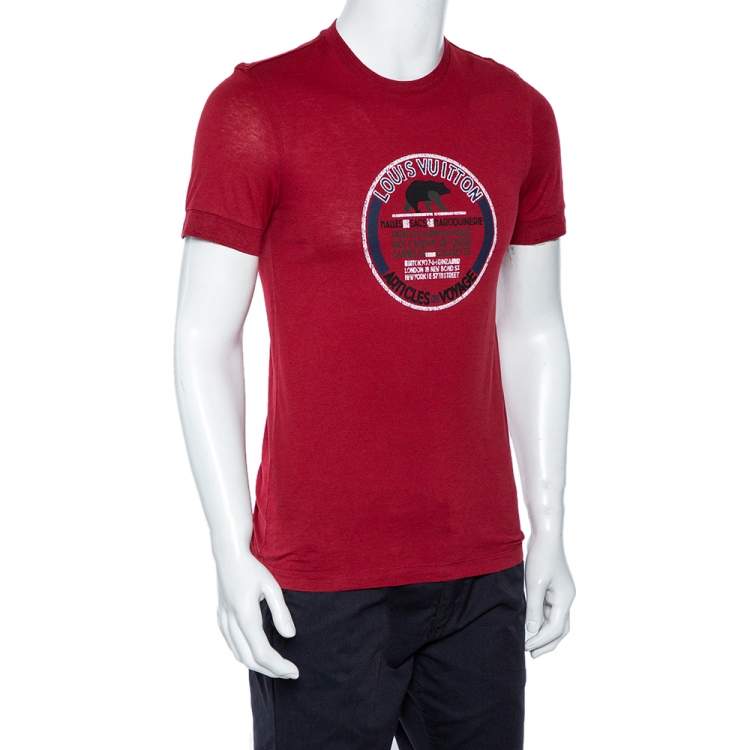 Louis Vuitton Red Logo Stamp Printed Cotton Knit Crewneck T-Shirt