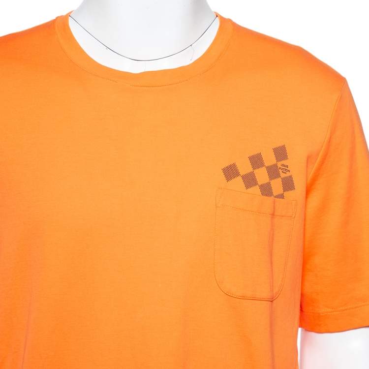 Pre Owned Louis Vuitton Orange Cotton Damier Pocket Printed Crewneck T-Shirt XXL