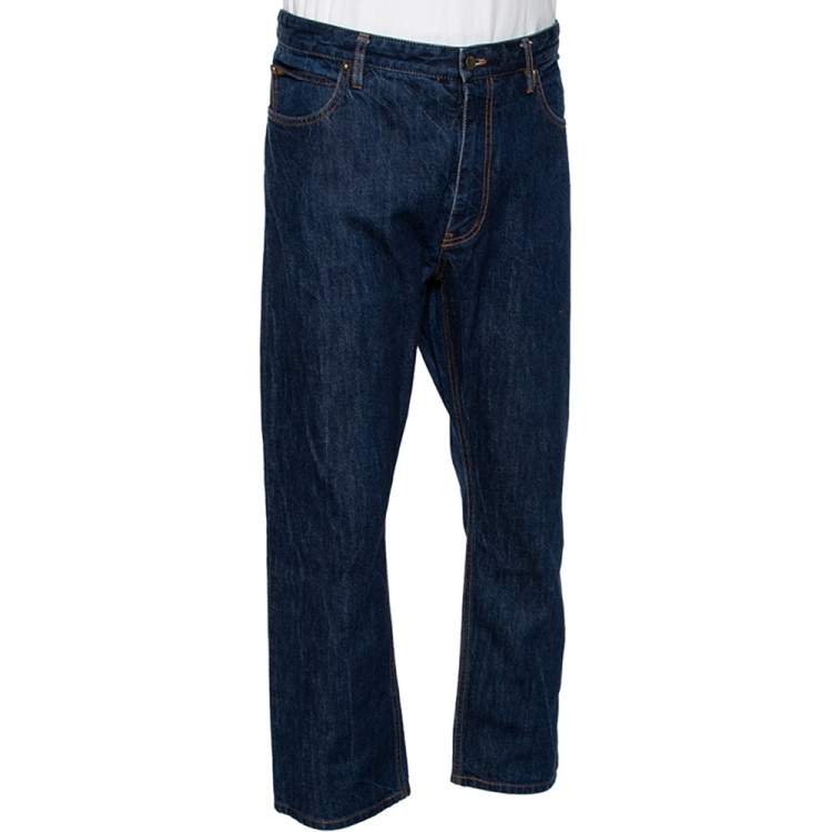 مملوكة مسبقًا Louis Vuitton Indigo Denim Leather Tab Detail Regular Jeans XXL