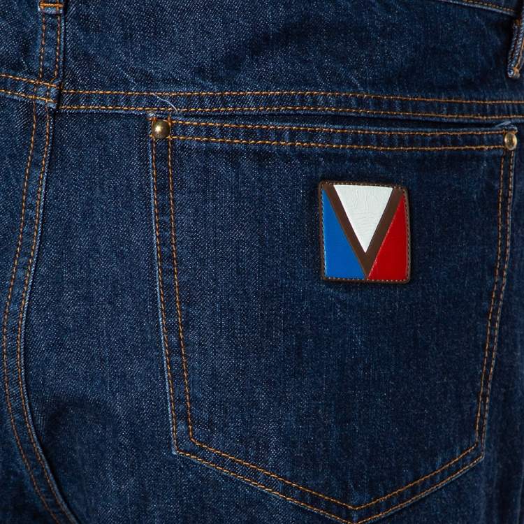 مملوكة مسبقًا Louis Vuitton Indigo Denim Leather Tab Detail Regular Jeans XXL