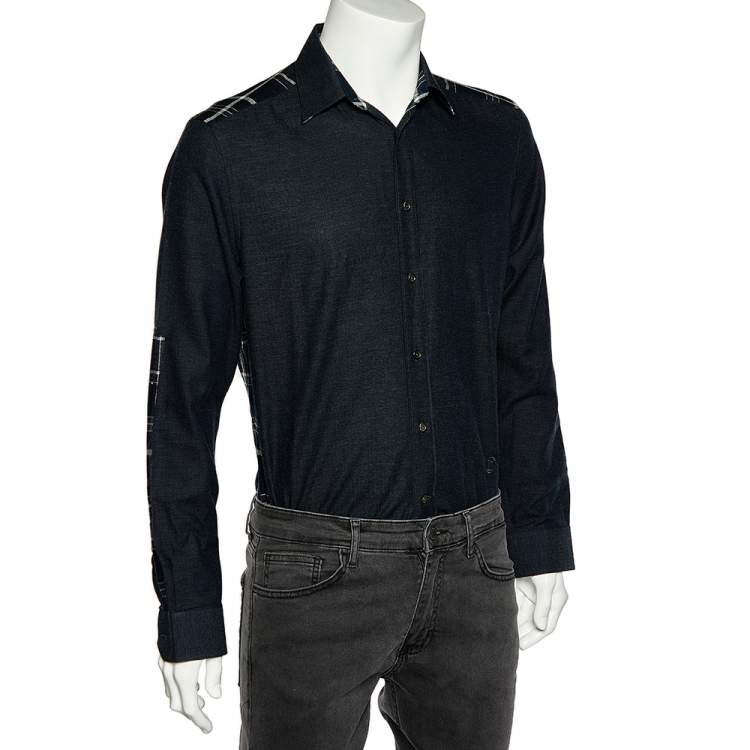 Pre Owned Louis Vuitton Black Cotton & Checkered Paneled Button Front Shirt S