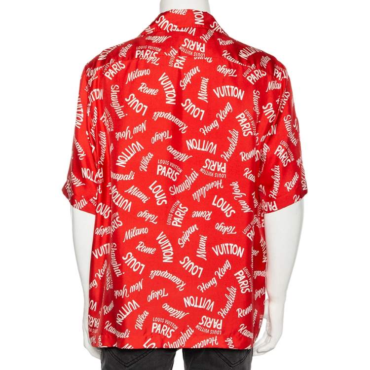 Pre Owned Louis Vuitton Red City Logo Printed Silk Hawaiian Shirt XXL