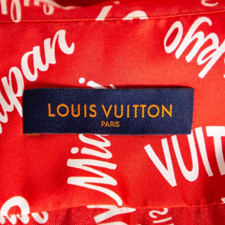 Pre Owned Louis Vuitton Red City Logo Printed Silk Hawaiian Shirt XXL