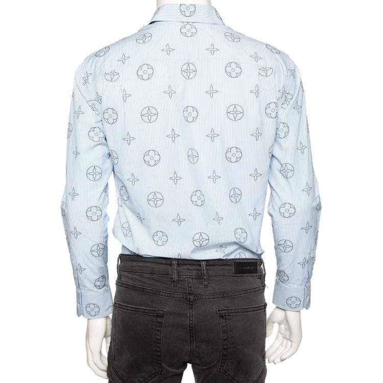 Pre Owned Louis Vuitton Blue Striped Logo Monogram Cotton Button Front Shirt XS