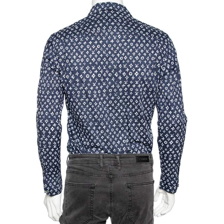 Pre Owned Louis Vuitton Indigo Blue Logo Printed Cotton Button Front Shirt S 