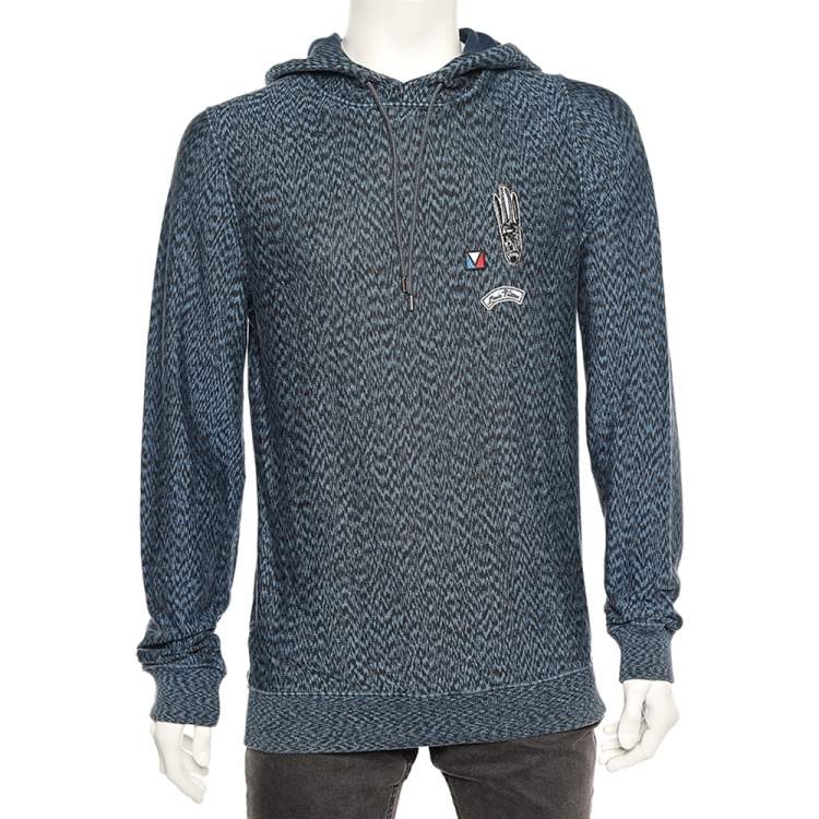 Pre Owned Louis Vuitton Blue Pattered Cotton Logo Patch Detailed Hoodie L 