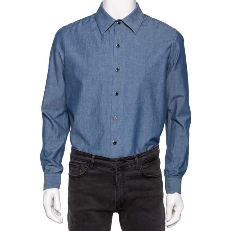 مملوكة مسبقًا Louis Vuitton Blue Chambray Logo Printed Button Front Shirt L