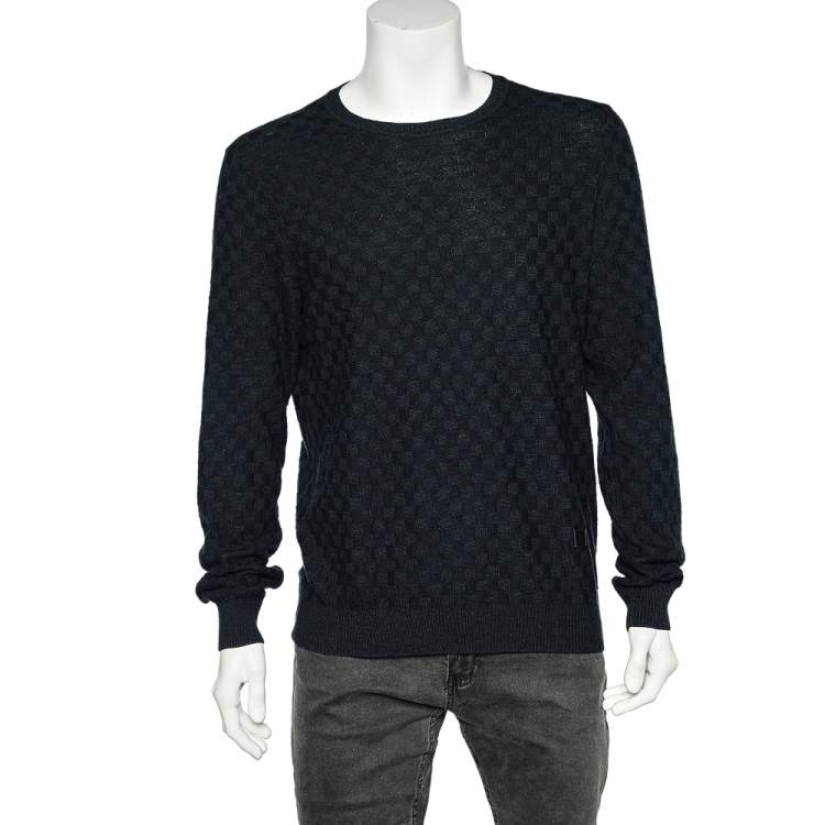 LOUIS VUITTON Size M Navy Grey Knitted Crew-Neck Sweater