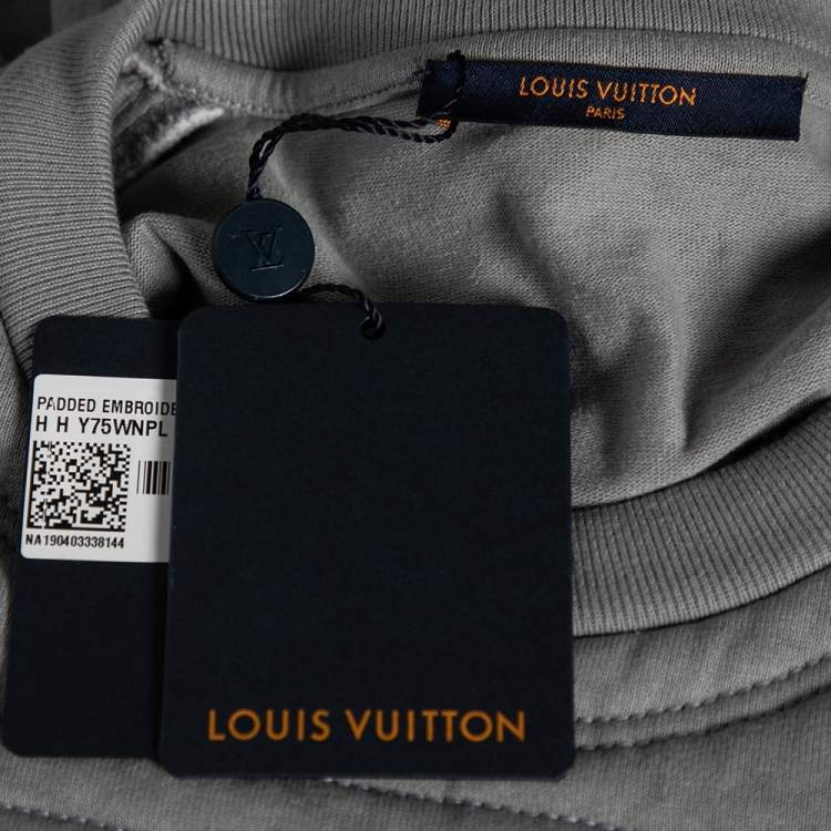 مملوكة مسبقًا Louis Vuitton Grey Cotton Padded Embroidered Plastron Crew Neck T-Shirt XL