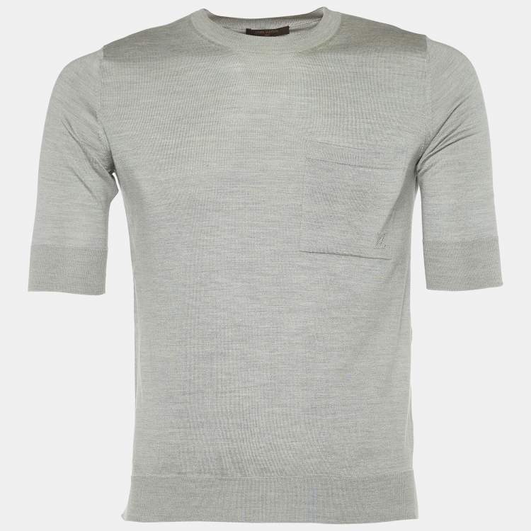 Pre Owned Louis Vuitton Grey Silk & Cotton Knit Logo Detail T-Shirt M 