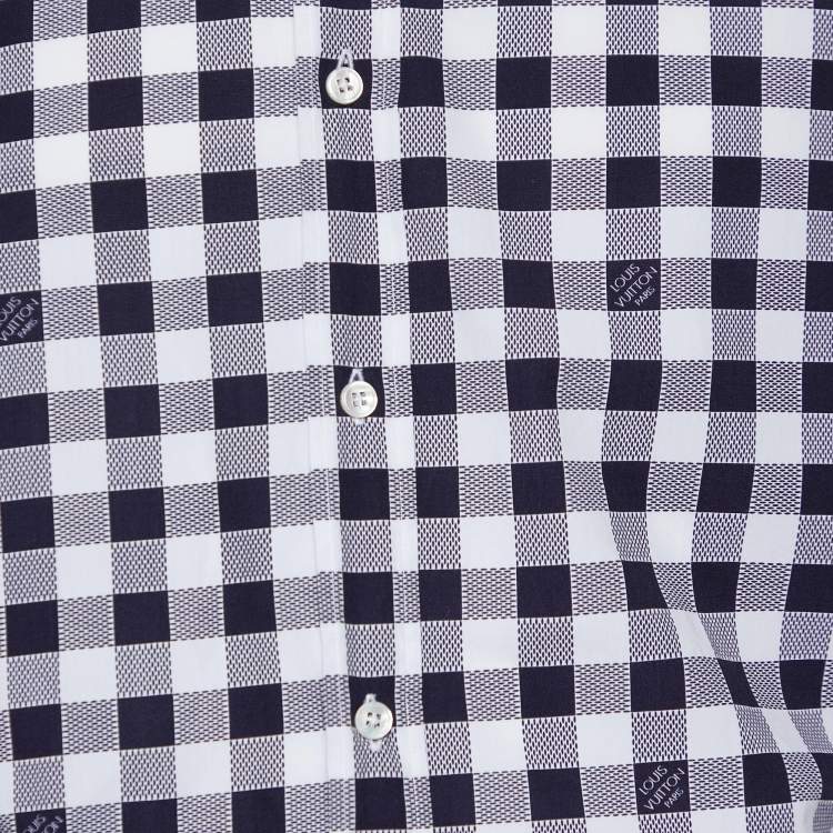 Pre Owned Louis Vuitton Navy Blue Damier Check Print Cotton Long Sleeve Shirt XL