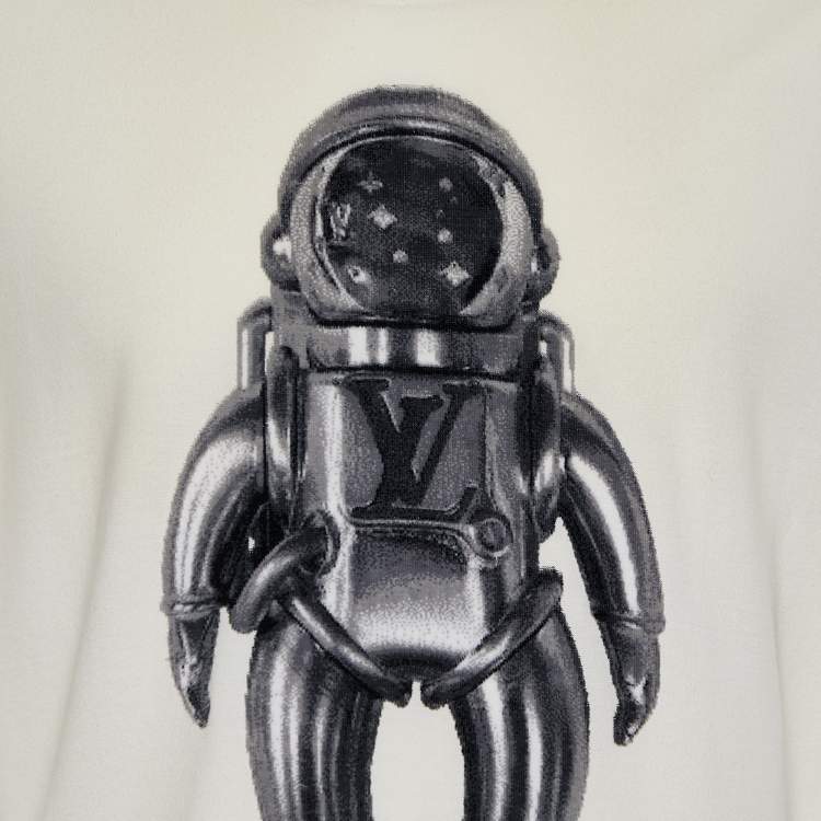 Pre Owned Louis Vuitton Cream Jacquard Velour Spaceman Motif Cotton T-Shirt XL