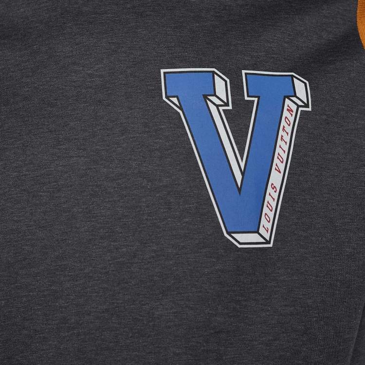 Pre Owned Louis Vuitton Grey Varsity Print Cotton Contrast Patch T-Shirt L