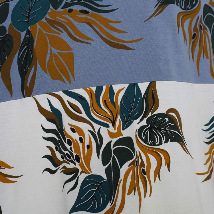 Pre Owned Louis Vuitton White & Blue Paneled Jersey Leaf Print T-Shirt L