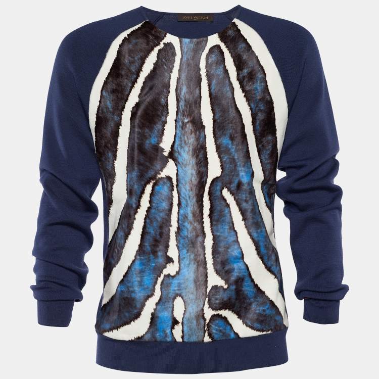 Pre Owned Louis Vuitton Navy Blue Calfskin Paneled Pullover L
