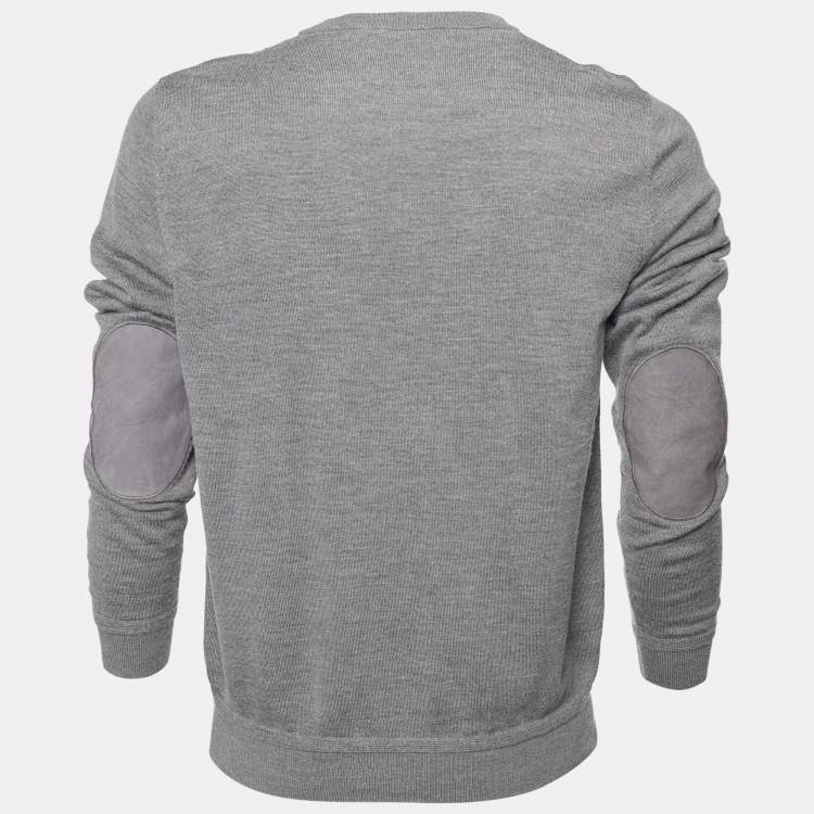 Pre Owned Louis Vuitton Grey Wool & Silk Knit Leather Patch Jumper L