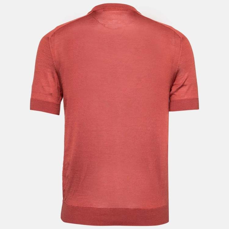 Pre Owned Louis Vuitton Rust Printed Silk & Cashmere Paneled Round Neck T-Shirt M