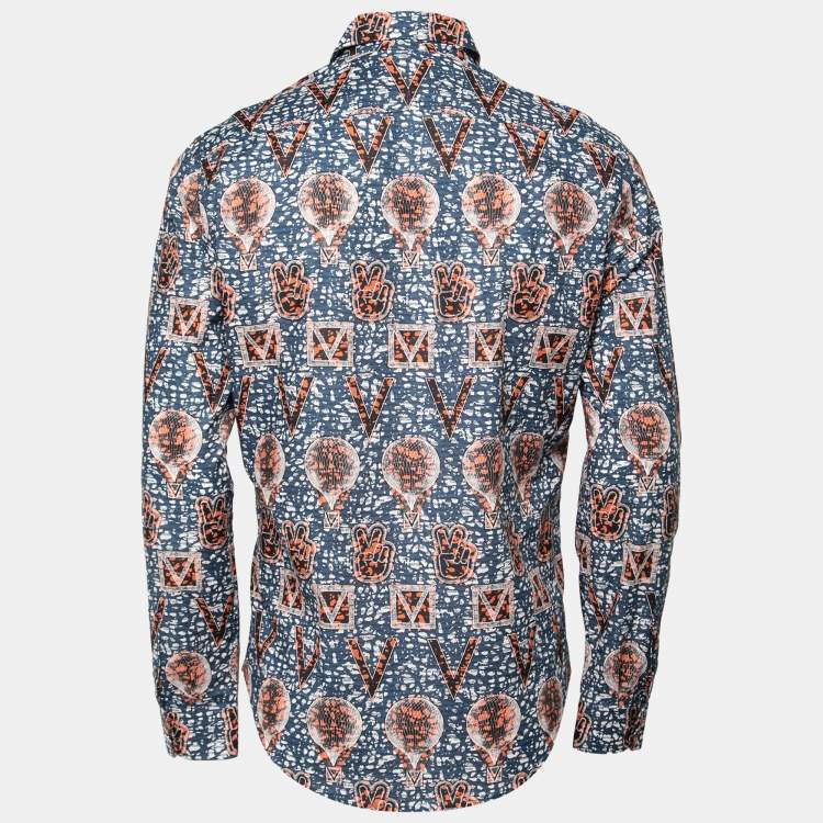 Pre Owned Louis Vuitton Blue Printed Cotton Button Front Shirt M