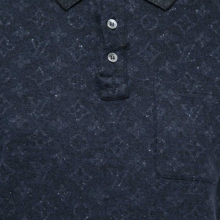 Pre Owned Louis Vuitton Navy Blue Monogram Patterned Knit Polo T-Shirt XL