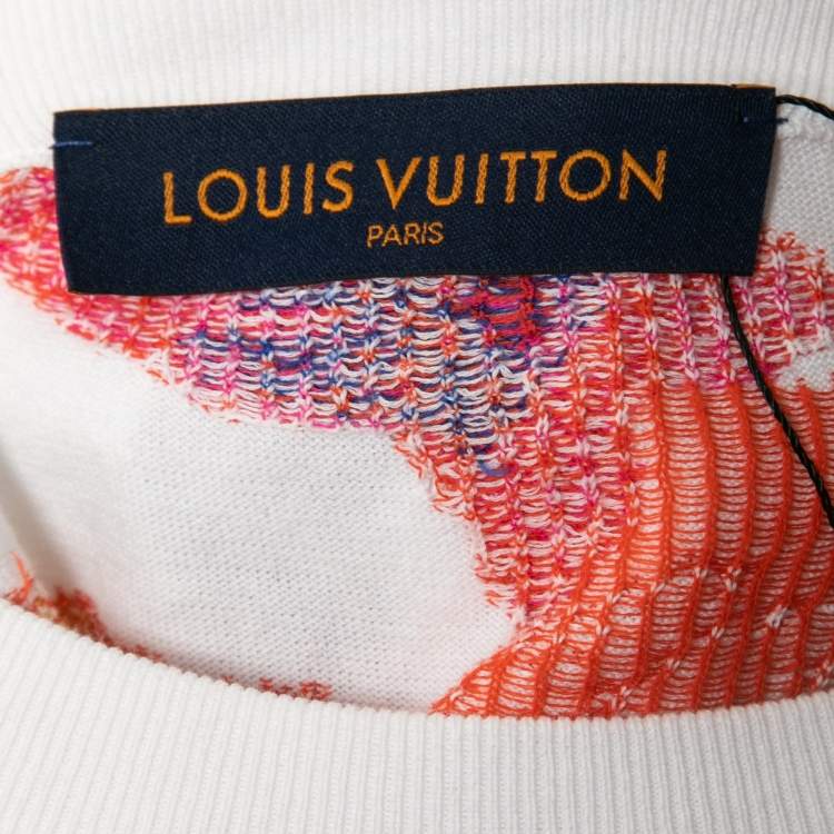 Pre Owned Louis Vuitton White Stretch Cotton Watercolor Knit Crew Neck T Shirt XL