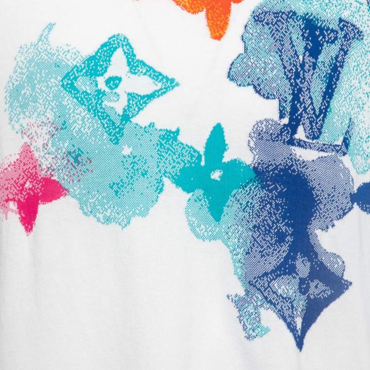 Pre Owned Louis Vuitton White Stretch Cotton Watercolor Knit Crew Neck T Shirt XL