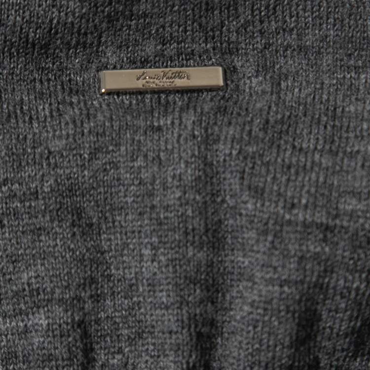 Pre Owned Louis Vuitton Grey Wool Knit Leather Trimmed Crew Neck Jumper S