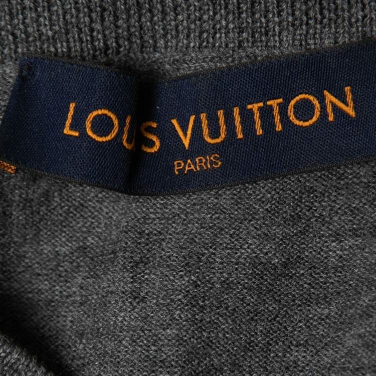 Pre Owned Louis Vuitton Grey Wool Knit Leather Trimmed Crew Neck Jumper S