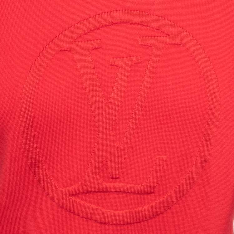 Pre Owned Louis Vuitton Red Logo Patterned Cotton & Silk Knit Hooded Sweater M