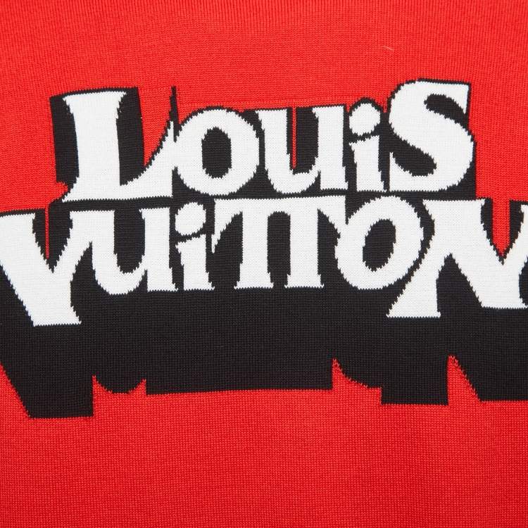 Pre Owned Louis Vuitton Red Logo Patterned Cotton Knit Crew Neck Half Sleeve T-Shirt M