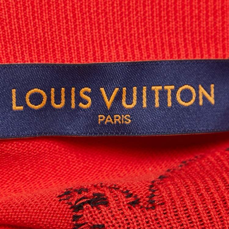 Pre Owned Louis Vuitton Red Logo Patterned Cotton Knit Crew Neck Half Sleeve T-Shirt M