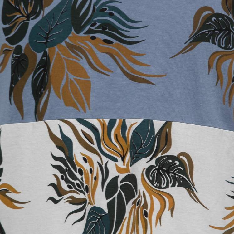 Pre Owned Louis Vuitton Off White/Blue Paneled Leaf Print Cotton Half Sleeve T-Shirt L