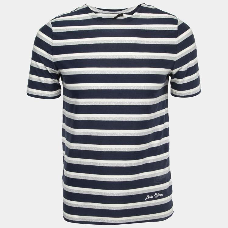 Pre Owned Louis Vuitton Navy Blue Striped Lurex & Cotton Knit T-Shirt S