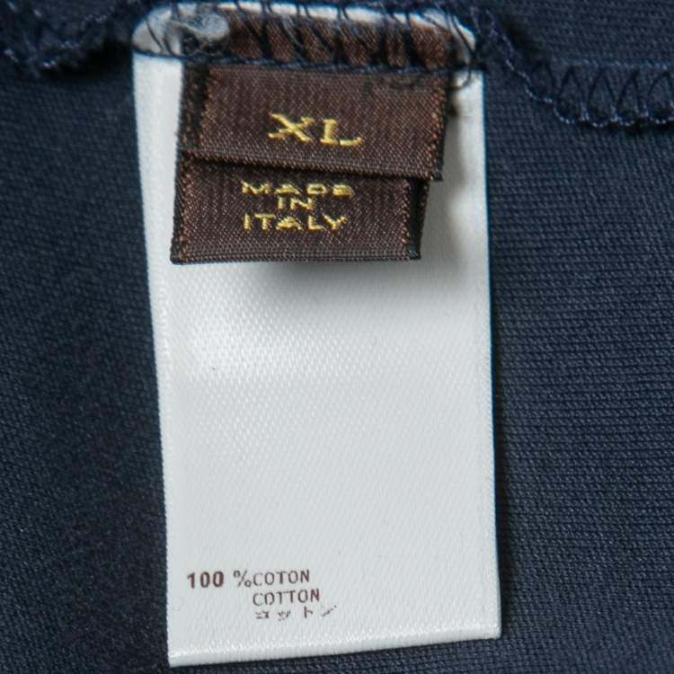 Pre Owned Louis Vuitton Navy Blue Logo Print Cotton Crew Neck Half Sleeve T-Shirt XL