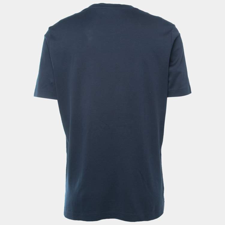Pre Owned Louis Vuitton Navy Blue Logo Print Cotton Crew Neck Half Sleeve T-Shirt XL