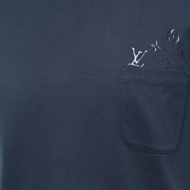 Pre Owned Louis Vuitton Navy Blue Logo Print Cotton Crew Neck Half Sleeve T-Shirt XL
